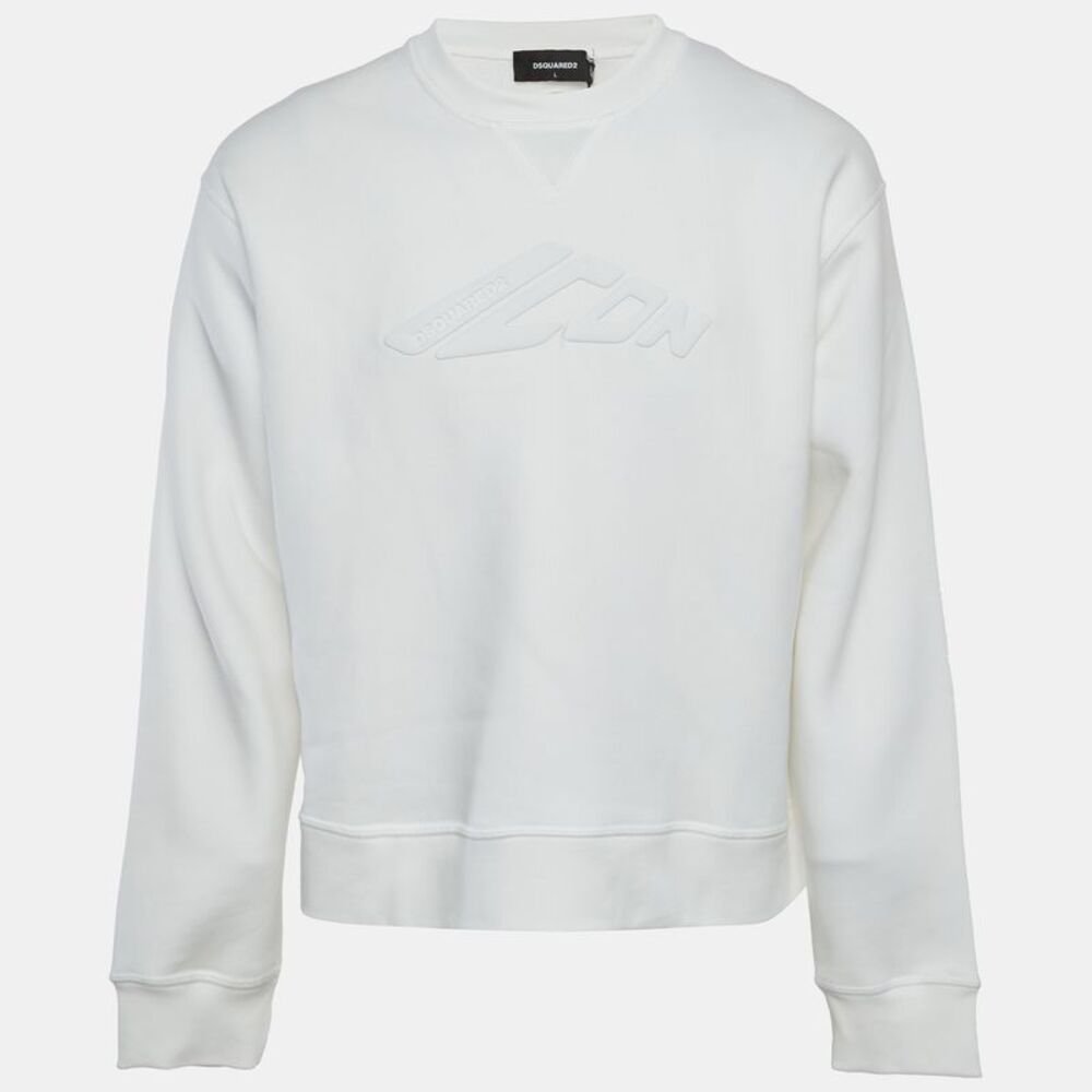 Dsquared2 White Cotton Knit Logo Graphic Crewneck Sweatshirt L
